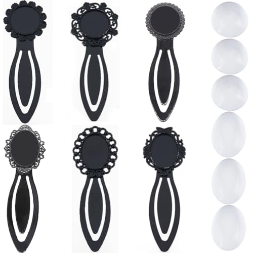 SUNNYCLUE 1 Box 12Pcs DIY 6 Sets Cabochon Bookmark Retro Style Black Metal Bookmarks Blanks Glass Dome Vintage Bookmark Bezel Tray Book Marks Clip Round Oval Clear Cabochons for Bookworm DIY Crafts