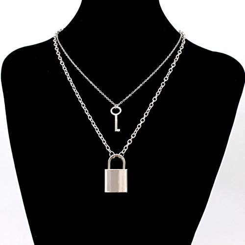 CXWK Acier Inoxydable Double Couche clé Serrure Collier Punk Lien chaîne Cadenas Pendentif Collier Femmes Hommes Bijoux