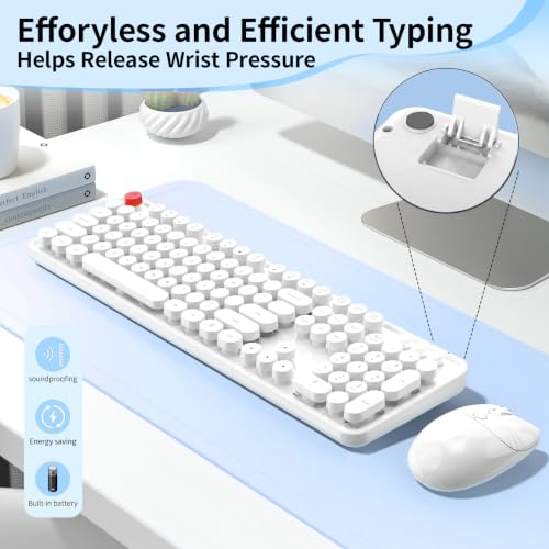Image of Wireless Keyboard Mouse, MOFII 104 Keys Cute Retro Typewriter White