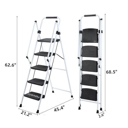 Image of 5 Step Ladder, Folding 5 Step Stool with Handrails, Sturdy Steel Ladder with Wide Pedal, Ladders for Home Kitchen Pantry Office, Lightweight Sturdy Steel Ladder for Adults Portable, White