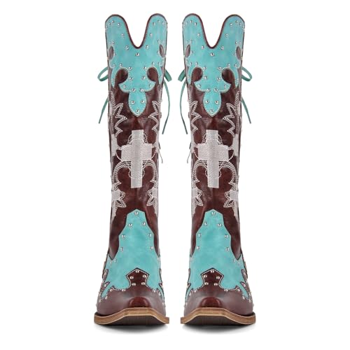 sexytag Embroidered Cowboy Boots Knee High Studded Two-Tone Pathwork Cowgirl Boots Wide Calf Low Heel Pointed Toe Side Zipper Back Lace Up Western Boot4