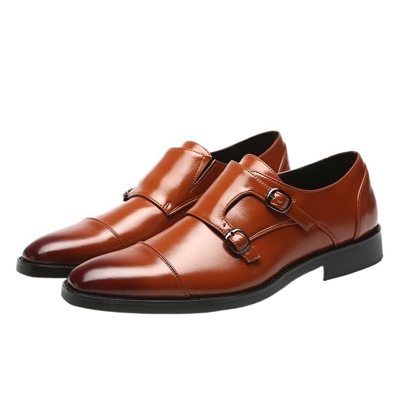 Double Buckle Monk Shoes Almond Toe Glossy Brown Leather Dress Shoes for Men Formal Occasion Footwear Banquet Shoes for Wedding