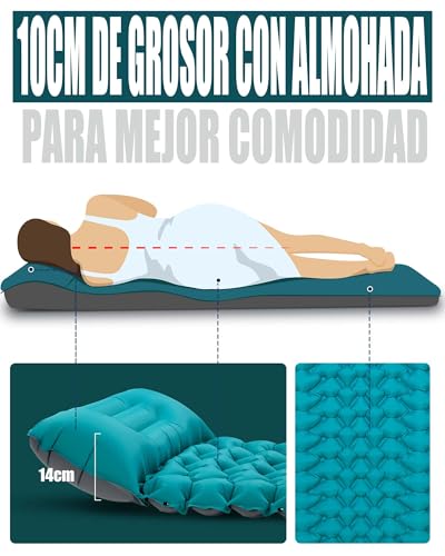 Miniatura 3 de Aksoul Camping Colchón De Aire Auto-Inflable: Ultraligero Al Aire Libre Colchón Inflable Grande Grueso Auto-Inflable Colchoneta Para Dormir Con Almohada Plegable Termo Iso Mat Para Tienda De Campaña