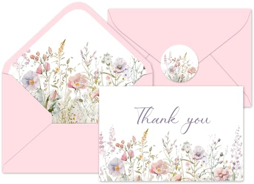 Whaline 24Pcs Wildflower Thank You Cards Bulk Watercolor Pink Flower Greeting Card with Envelope Sticker Floral Blank Note Cards for Birthday Wedding Baby Shower Bridal Shower, 4 x 6 Inch