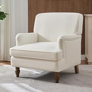 Bellemave Mid Century Modern Upholstered Linen Fabric Armchair with Antique Solid Wood Legs, Accent Chair Single Sofa Chair for Living Room, Bedroom,Cream