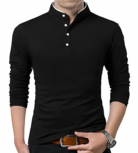 KUYIGO Men Casual Long Sleeve Polo Shirts Mandarin Collared Slim Fit Fashion Cotton Tops