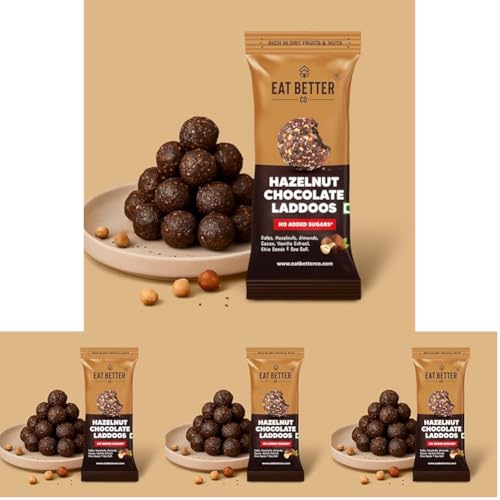 Image of EAT BETTER CO - Hazelnut Chocolate Sugar-Free Laddoos | High Protein & Instant Energy | 95% Dry-Fruits - Pack of 16 - Healthy Chocolate - No Added Sugar | Healthy Snacks | Energy-Bar Replacement - 40g