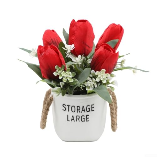 Pianta artificiale realistica di tulipano in vaso, piante in vaso in miniatura, fiore di seta per decorazione domestica, tavolo di nozze e scrivania (rosso)