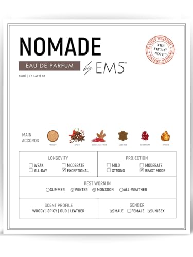 Image of EM5 Nomade Perfume for Him /Her | Amber Oud Smoky leather Accords | Unisex Perfume Spray for Men & Women | Strong & Long Lasting Fragrance | 50ml