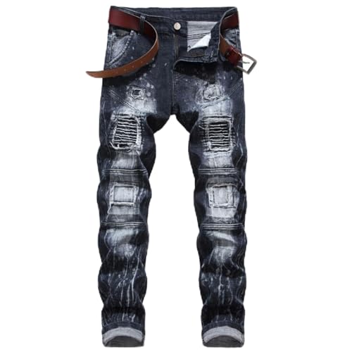 Men's Straight Slim Fit Patchwork Jeans Vintage Skinny Stitching Denim Pants Flex Waist Cowboy Trousers