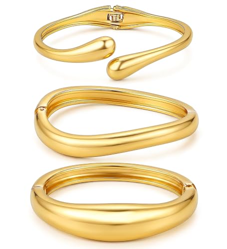 Image of Chunky Gold Bangle Bracelets for Women, Dainty 14k Gold Plated Big Stackable Bangles Set, Trendy Statement Cuff Bracelet Stack Fashion Jewelry Gifts