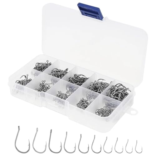 Juguta Anzuelos de Pesca, 300 PCS Anzuelos de Pesca en 10 Tamaños, Anzuelos de Púas, Pesca Gancho de Acero al Carbono con Caja de Plástico, 3# - 12#