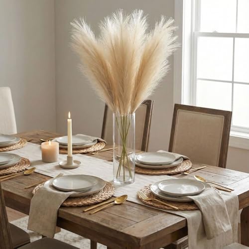 Image of Pack of 4 Pcs Artificial Flowers Faux Pampas Grass Small Fake Flower Plant for Home Decor, Office, Bedroom, Living Room, Table Decoration, Dried Plants (Without Vase Pot) (Off White)