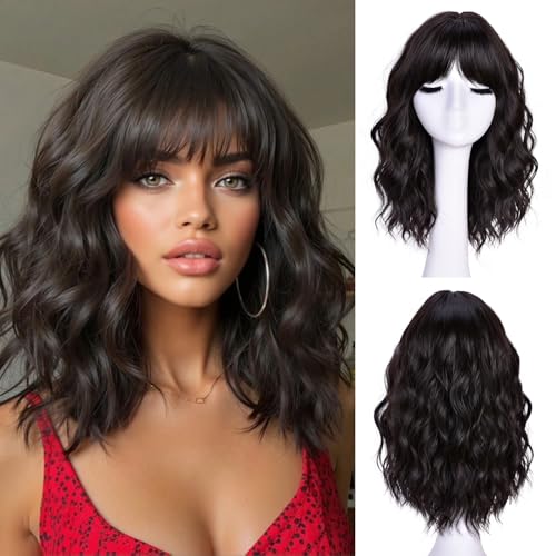 Lizzyhair Short Wavy Wig with Bangs for Women Bob Wave Wigs for Black Women 18Inch Fashion Style Synthetic Heat Resistant for Daily Party Uses (Chocolate Brown)