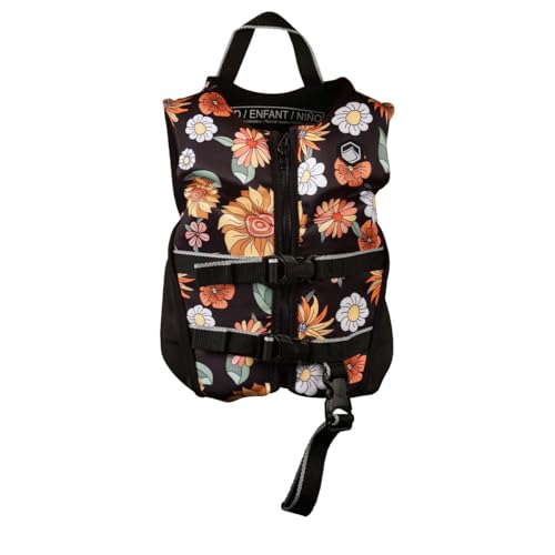 Liquid Force Dream Girls CGA Child Life Jacket Black Flowers US Coast Guard Approved Type III Life Vest for Girls 33-55 lbs Boating Tubing Wakeboarding Swimming & Water Sports