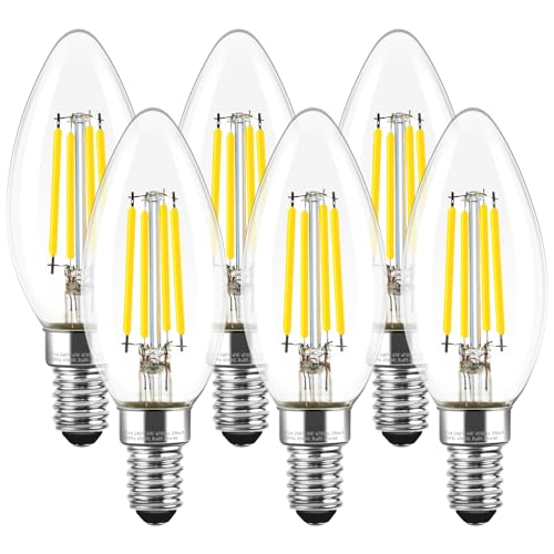Levidon E14 LED Candle Light Bulbs Dimmable, 4W (Equivalent to 40W), Small Edison Screw (SES) 6500K Cool White Clear Filament - Pack of 6