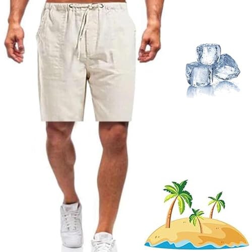 URWEIGH Pantalones Cortos Casuales Sueltos De Lino Conquerory,Pantalones Cortos Casuales Sueltos De Algodón Y Lino De Conquerory,Shorts De Playa con Cordón para Hombres (Caqui,2XL)