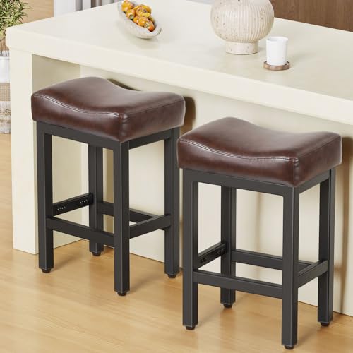 Comparison: Best Stools For Kitchen Island 7 Raynesys Counter Height Bar Stools Set of 2, 24 Inch Barstools for Kitchen Island Counter, Bonded Leather Kitchen Stools with Thick Saddle Seats & Heavy Duty Metal Base, Easy Assembly, Brown/Black