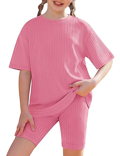 Arshiner Summer Outfits for Girls Activewear Sets Knit Tops Casual Oversized Blouse and Biker Shorts 2 Piece Set 12-13 Years