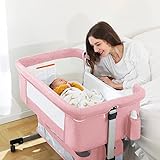 Ihoming Bedside Bassinet Sleeper for Baby Pink Adjustable Baby Bed for Infant Newborn Baby Bedside Crib with Storage Basket Easy Folding Bassinet for Baby Girl