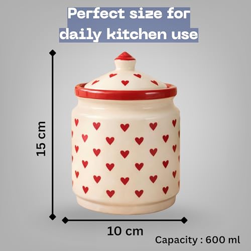 Image of Classyo Ceramic Storage Containers - 700 ml, Salt Container, Pickle Jar with lid, Ceramic Jars for Kitchen Storage for Achar and Namak (Set of 2, Heart Design)