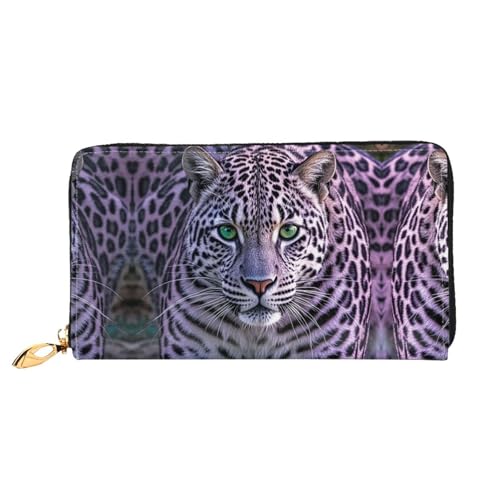 Porte-monnaie long en cuir violet léopard avec grand porte-cartes