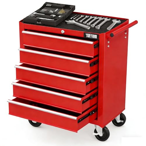 TUFFIOM 5-Drawer Rolling Tool Chest w/Drawers & Lock, Tool Storage Cabinet with Lockable Wheels, Top Cushion & Drawer Liners, Tool Organizer Box for Garage, Warehouse & Repair Sho