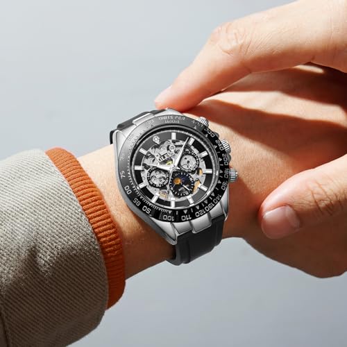 Image of OLEVS Self Winding Watches for Men Automatic Mechanical Skeleton Luxury Dress Waterproof Moon Phase Tourbillon Chronograph Stainless Steel Luminous Wristwatch