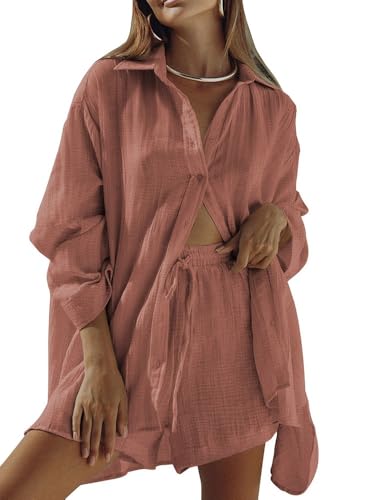 Image of Fixmatti Women 2 Piece Outfits Long Sleeve Button Down Blouse and Shorts Sweatsuit Sets