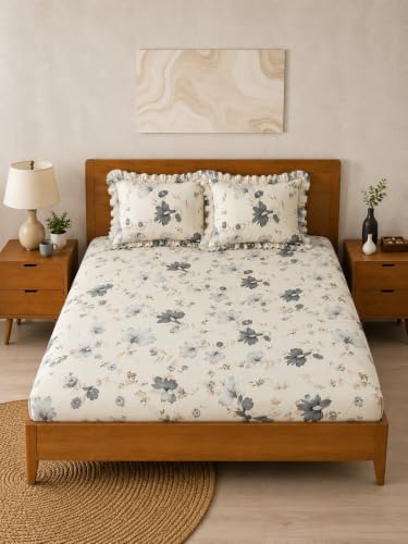 Image of 380 TC Premium Glace Cotton Elastic Fitted Bedsheet King Size with 2 Pillow Covers King Size | Double Bed with All Around Elastic (White Floral, Fitted Queen-60x78)