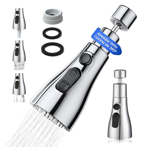 Vipa Adaptador Grifo Cocina - 3 Modos Ajustable - Aireador Grifo Cocina De 360 Con Adaptador - Adaptador Universal Para Grifos - Boquilla De Grifo Universal - Grifo Filtrado A Prueba De Salpicaduras.