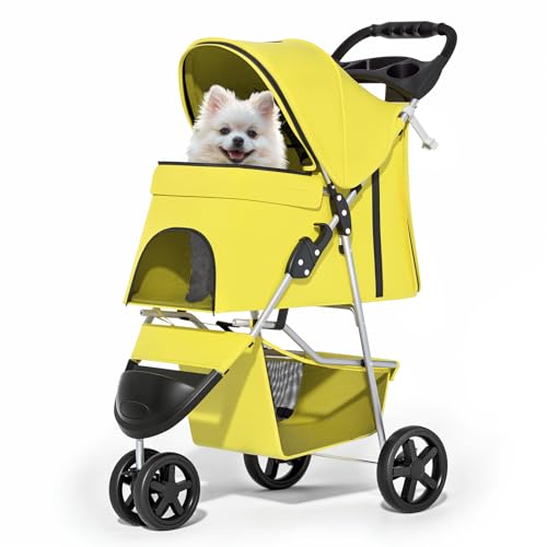 Image of MoNiBloom Foldable Pet Stroller with Waterproof Cover, 3-Wheels Dog Strolling Cart for Small /Medium Dogs and Cats with Storage Basket and Cup Holder, Breathable and Visible Mesh for All-Season, Yellow