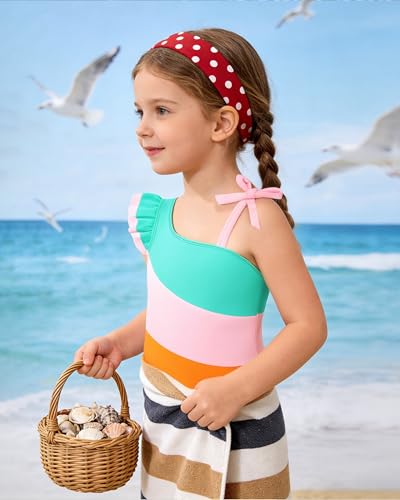 Image of Redair Toddler Girl One Piece Swimsuit Color Block with Ruffled Sleeve Straps Swimwear Bathing Suit for Baby Girl 12M-6Years