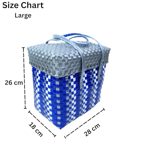 Image of Hand Made Multipurpose Plastic Basket with Lid | Eco-Friendly, Washable, Rust-Free Storage Basket for Kitchen, Picnic, Toys, Travel, Office | Lightweight basket (Blue with Grey, L)