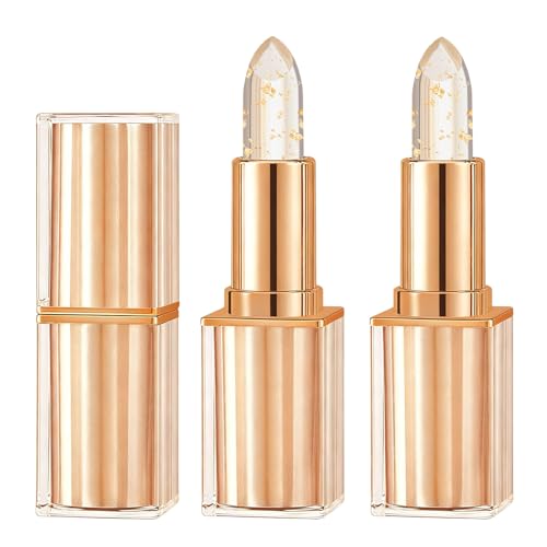 Image of Colour Changing Lipstick, 2Pcs PH Adjusting Tinted Lip Balm, Long Lasting Moisturizing Lipgloss, Temperature Color Change Clear Lip Stick with Gold Foil, 24H Hydrating Glossy Shine Lip Care for Women