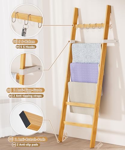 Yorbay Handtuchleiter Bambus 6 Sprossen: Kleiderleiter mit 2 Sturzsicherheitsriemen und 5 Haken - Deko Handtuchhalter Leiter für Badezimmer Schlafzimmer Pool HxB 170 x 60 cm (Bambus)