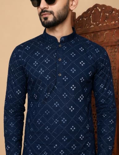 Buy ORIFAB Men’s Navy Blue Mirror Work Kurta Pajama Set Cotton Blend - Image 8