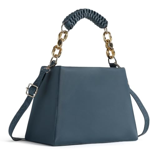 Image of Women's Teal Blue Structured Handbag with Chain Handle | Braided Top Handle, Gold-Tone Chain, Adjustable Crossbody Strap, Woven Strap Detail, Structured Design
