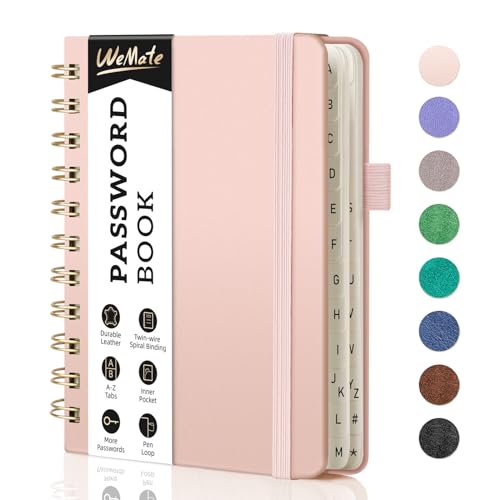WEMATE Spiral Password Book with Alphabetical Tabs, Small Password Keeper Book for Seniors, Internet Password Notebook Hardcover Password Journal logbook – 12 x 15cm (Rose Gold)
