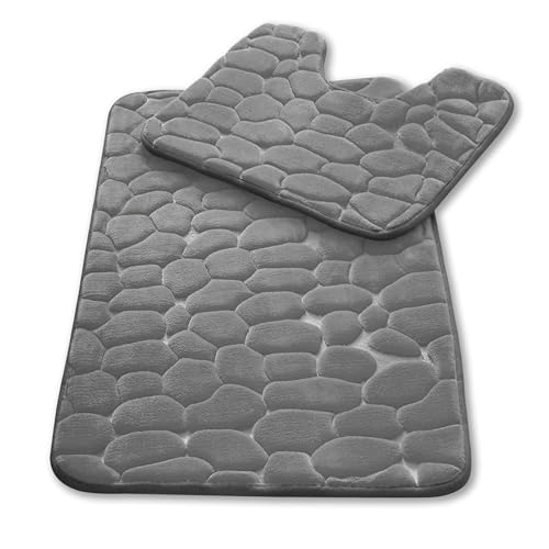GC GAVENO CAVAILIA Pebble Stone Bath Mat Non Slip | 2Piece Memory Foam Bath Mat Set Washable Rug Super Absorbent Shower Pedestal Mat | Quick Dry Bathroom Toilet Mat Sets BathMat, Grey