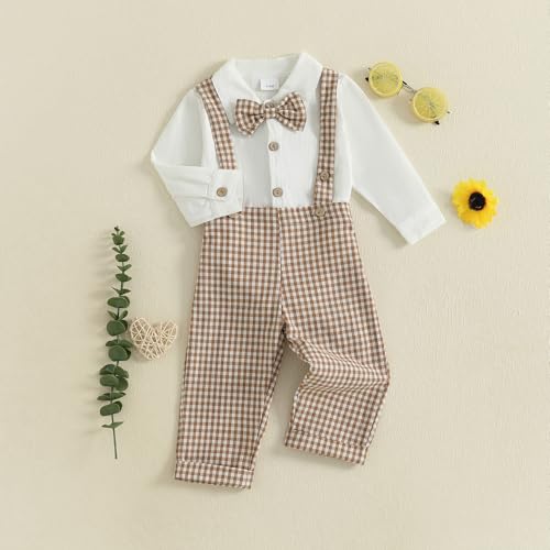 Baby Boy Clothes Set Infant Bow Tie Button Down Shirt Bodysuit Top Suspender Pants 2Pcs Fall Winter Outfit3