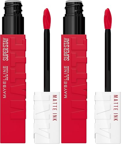 Image of MAYBELLINE Super Stay Matte Ink Liquid Lipstick Makeup, Long Lasting High Impact Color, Up to 16H Wear, Shot Caller, Bright Pinky Red, 1 Count, Packaging May Vary (Pack of 2)