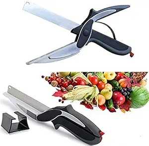 Toomh 2-in-1 Steel Smart Clever Cutter Kitchen Knife Food Chopper and in Built Mini Chopping Board with Locking Hinge; with Spring Action; Stainless Steel Blade