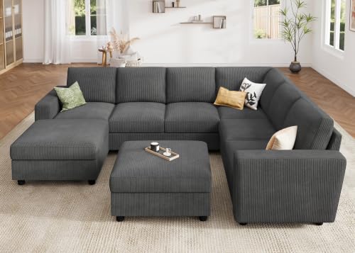Image of HONBAY Corduroy Sectional Couch with Storage, U Shaped Sectional Sofa, 8 Seater Sectional Couches for Living Room, Dark Gray