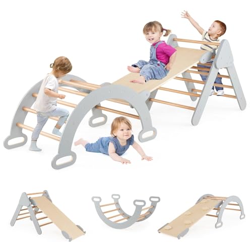 RELAX4LIFE 4 in 1 Triangolo da Arrampicata con Scivolo per Bambini, Arco da Arrampicata e Scala per Arrampicarsi in Legno, Montessori Giocattoli Bimbi 2 3 4 5 Anni (Grigio)