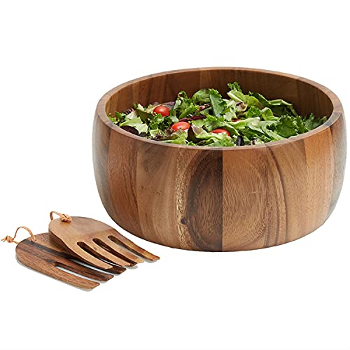Woodard & Charles Acaica Wood 12" X 5" Serving Bowl Set With Serving Hands, 3 Piece Set #TOP4