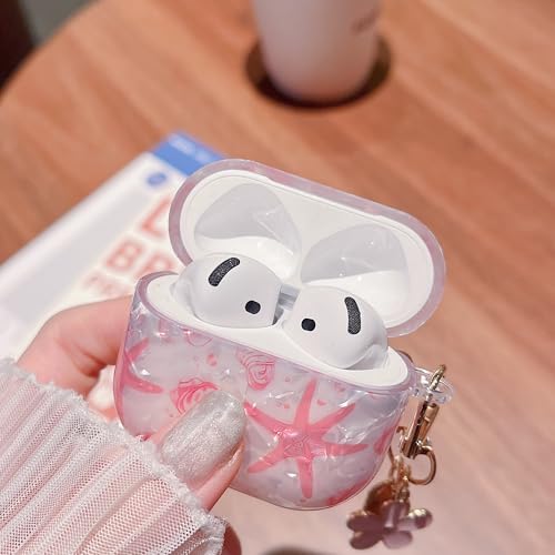 Image of MINSCOSE for AirPods 4 Clear Case,Cute Glitter Seashell and Starfish Pattern Design with Folral Keychain,Soft TPU Protective Cover for Girls Women for AirPods 4-Pink