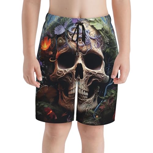 Boys Swim Trunks Beach Board Shorts Pockets Kids Youth Bathing Suits, Cool Skull Weed3