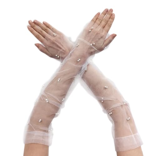 AWOCAN Women Sheer Long Pearl Mesh Tulle Sheer Fingerless Wedding Bridal Opera Party Gloves (white L)