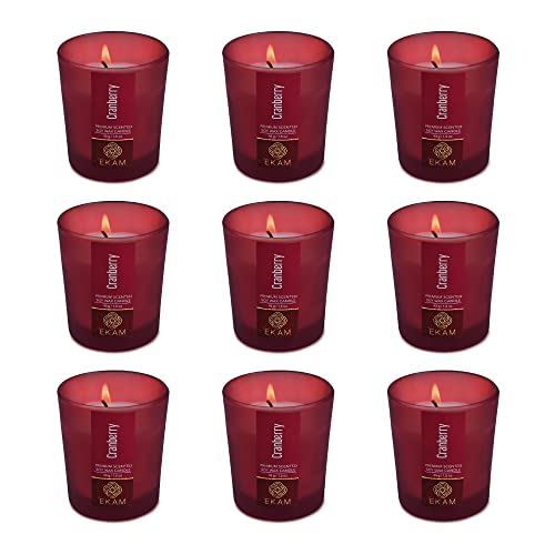 Image of EKAM Cranberry Votive Soy Wax Scented Candle, 40 Grams, 10 Hours Burn Time| Long Lasting Premium Candles | Ideal for Home Decor | Gifting & Aromatherapy (Pack of 9)